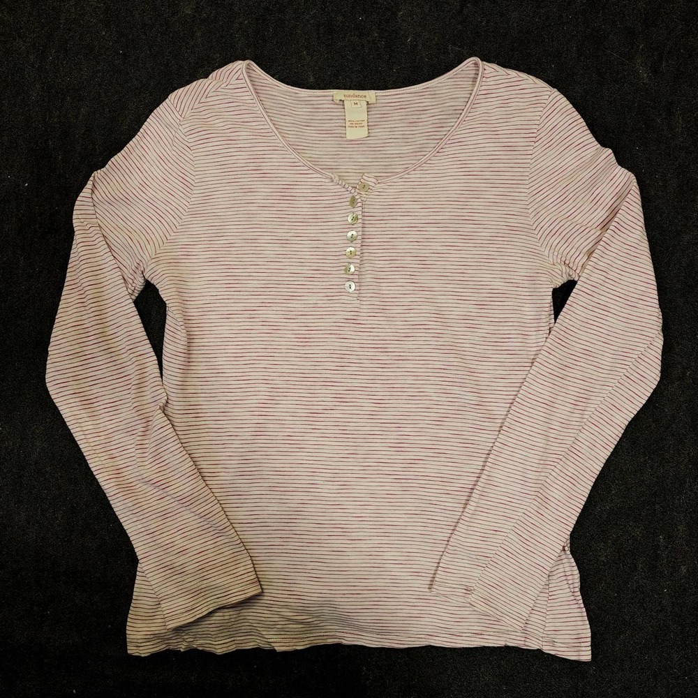 Sundance Womens Pink Striped Long Sleeve Henley Cotton Top Size M